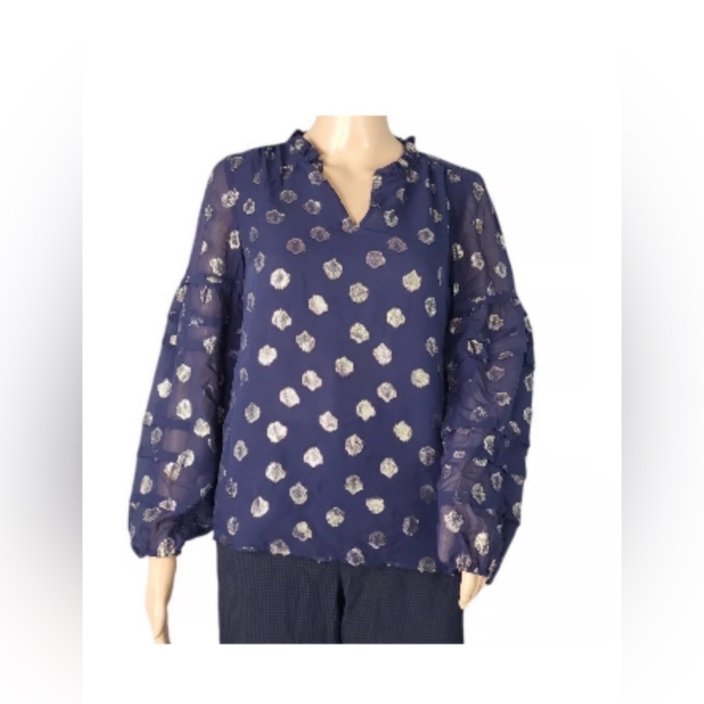 Lilly Pulitzer Navy Gold Metallic Blouse XXS Ruffle Sleeve